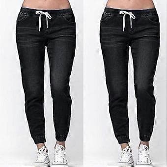 Dam Casual Elastisk Midja Jeans Byxor Jogging Denim Mjukisbyxor (S Svart)