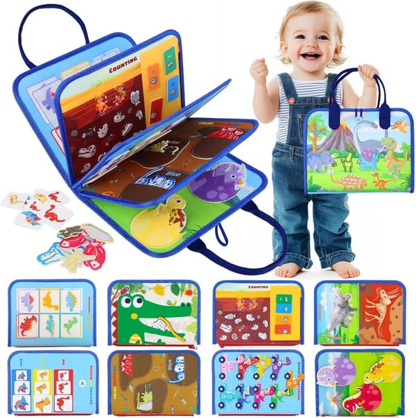 Montessori Felt Activity Board + Quiet Book with Construction Vehicles | 5-Sided Sensory Learning Toy for Children 1-5 Years