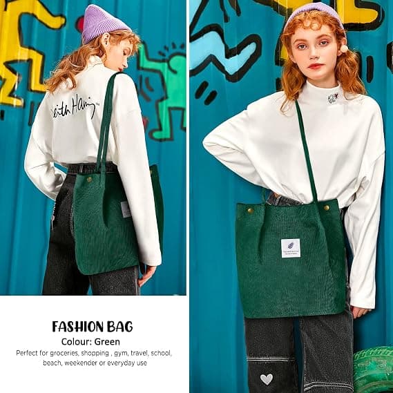 Corduroy Tote Bag för Kvinnor Canvas Axelväska med Innerficka