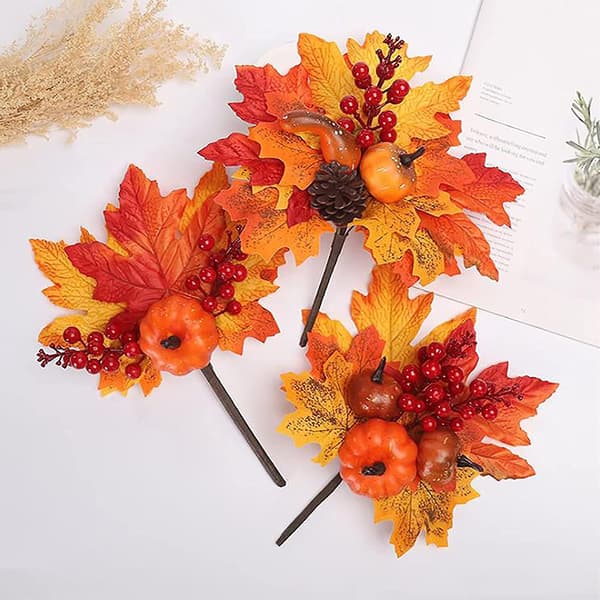 Sæt med 3 kunstige ahornblade græskargrene - Dekoration til Halloween, Thanksgiving