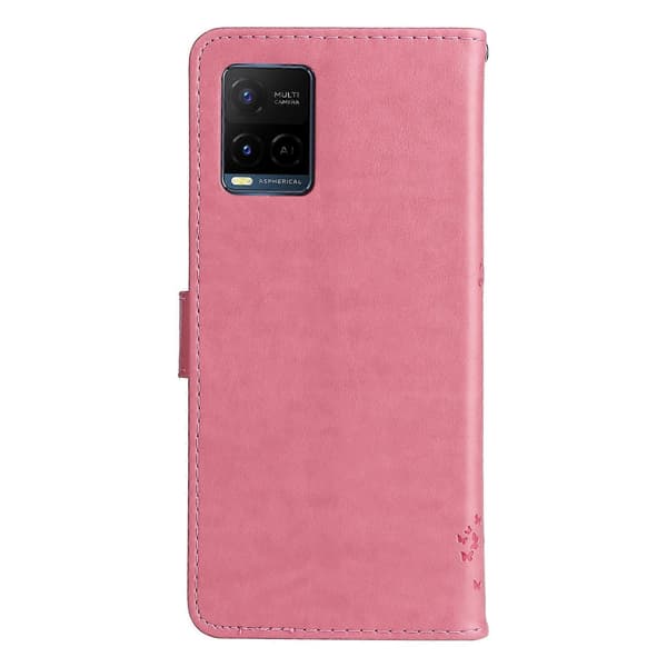 For vivo Y21/Y21s/Y33s Tree & Cat Embossing Pattern Horizontal Flip PU Leather Case with Holder & Card Slots & Wallet & Lanyard [DB] Pink Pink