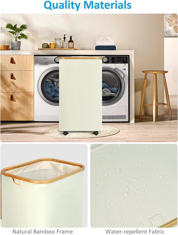 Laundry Basket on Wheels 100L - Slim Laundry Hamper with Lid, Bamboo Handle & Removable Bag Beige