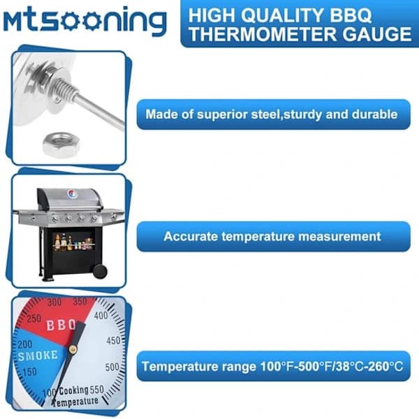 Grilltermometer med stort display, rustfrit stål, præcis temperaturmåler til røg og kulgrill, sølv