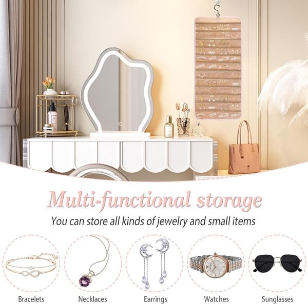 Felt Jewelry Organizer for Hanging 84*36cm, Pink - Double-Sided, with Zipper Pockets and Hooks