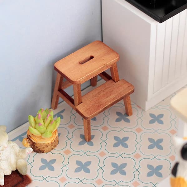 1/12 Miniature Ladder Stool Wooden Footstool Double Layer Chair Holding Stool White