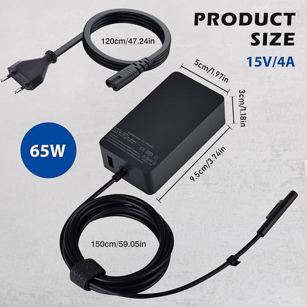 Surface Pro Oplader, 65W 15V 4A Microsoft Surface Oplader til Surface Laptop 4/3/2/1, Surface Book1/2, Surface Pro 3/4/5/6/7/8/9/x, Surface Go Med Os