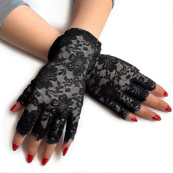 Sorte blondehandsker Dame Halvfinger Blondehandsker UV-beskyttelse til Maskerade (2 par)