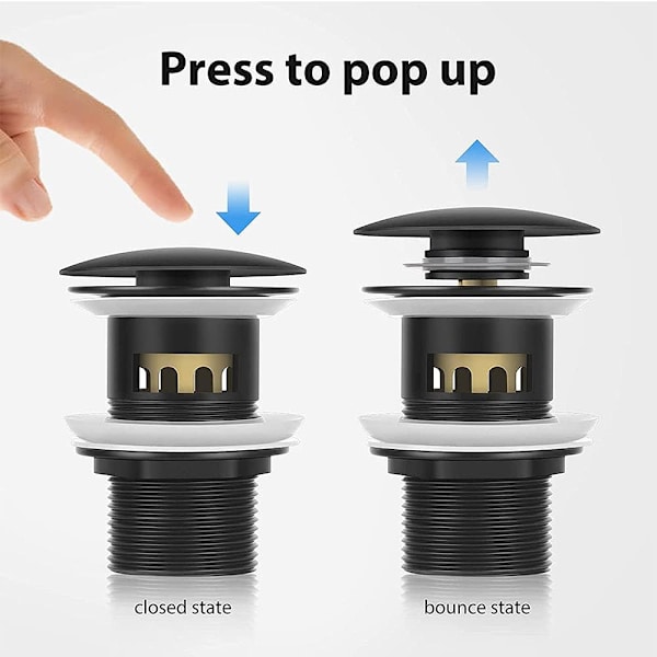 Pop Up Bundventil, Mat Sort Bundventil, Pop Up Ventil Med Slids, Uden Overløb, til Badeværelse, Håndvask, Vask (Sort)