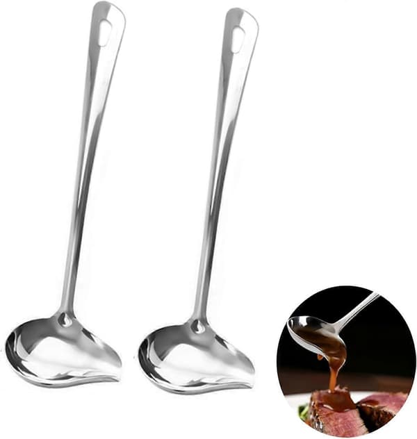 2 stk. sovseskeer i rustfrit stål, 29 cm sovske med tud, køkkensovseske, oval sovske med tud