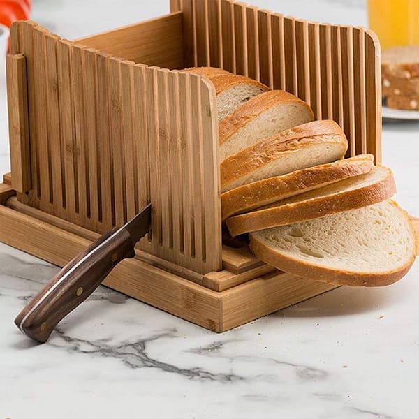 Vikbar brödskärare i bambu, snabb skärguide för rostat bröd, kökstillbehör B