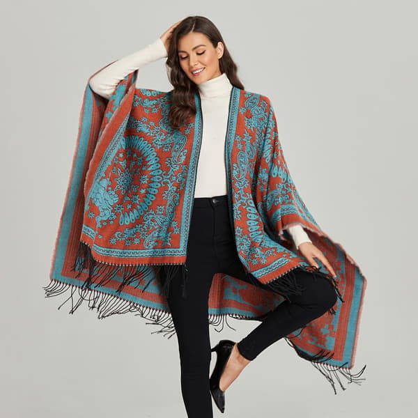 Sjal med frynser i kasjmir, wrap, vintervarm, etnisk stil, kappe, dame, åpen front