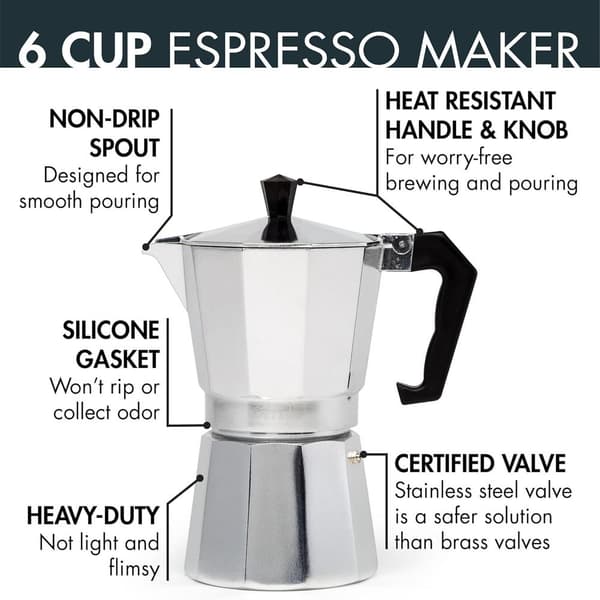 Klassisk Mokakanne, Egnet for Brygging av Italiensk og Cubansk Kaffe, Gresk Kaffetrakter, 6-kopps Kapasitet, Sølv.