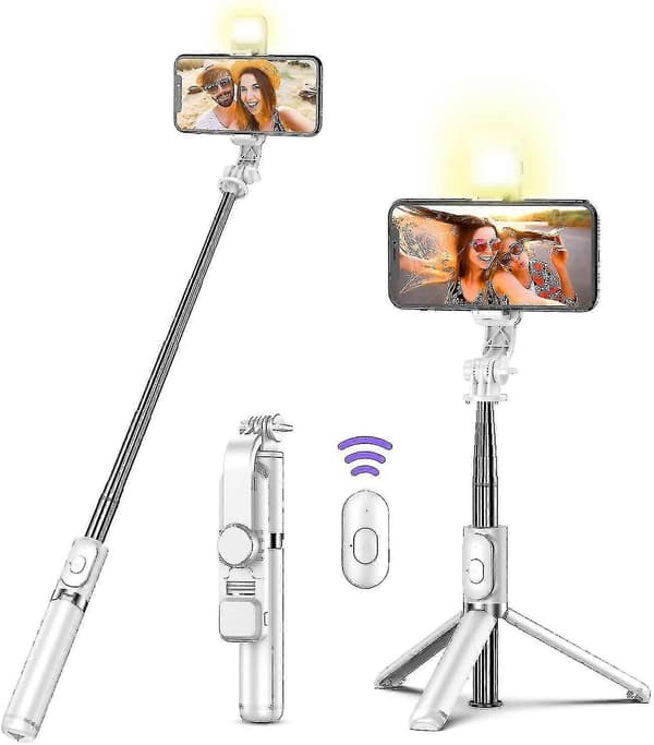 Selfiepinne Stativ med Fjernkontroll, Med LED-Ringlys, Avtakbar