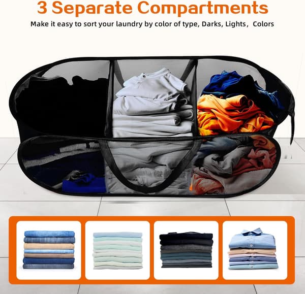 Durable Foldable Laundry Baskets, 3 Compartment Laundry Hamper with Practical Pocket, Foldable Clothes Hamper, Reinforced Carry Handles for Laundry