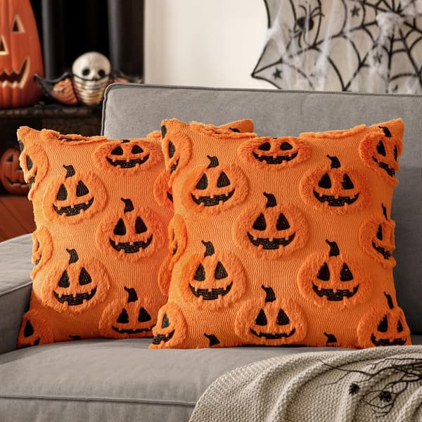 Efterår Halloween Pyntepudebetræk 45x45 cm Dekorative Græskarmønstrede Pudebetræk Bløde Plys Faux Uld Puder til Hjemmesofa, Orange-Sort