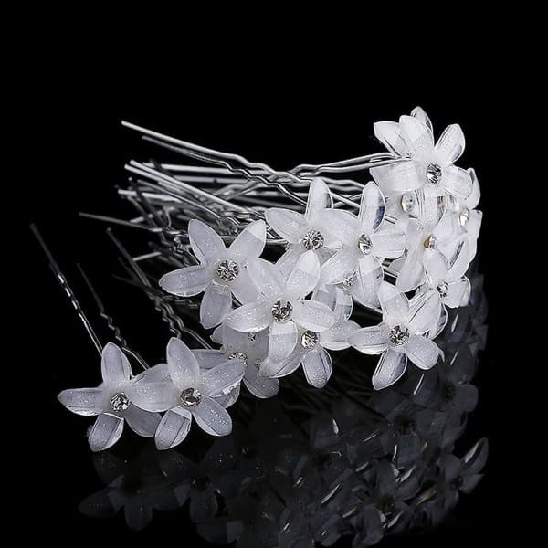 20 stykker Bryllupsblomst Hårnåle, Hvide Blomst Rhinestone Hårnåle U-formede Hårnåle til Bryllup Brud Kvinder Hår Smykker Tilbehør