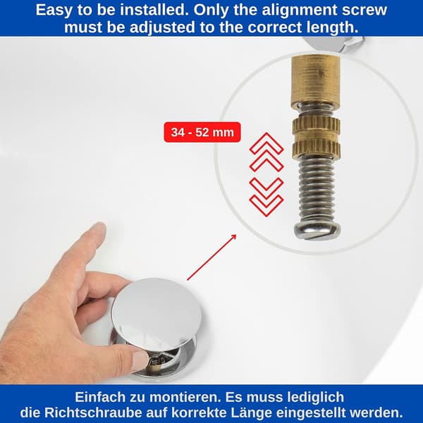 Badekarpropp, Ø 72 mm, med dobbel tetning, høydejusterbar, universell badekarpropp, servantventil, herdet messing med kromfinish, rustfri badekarpropp