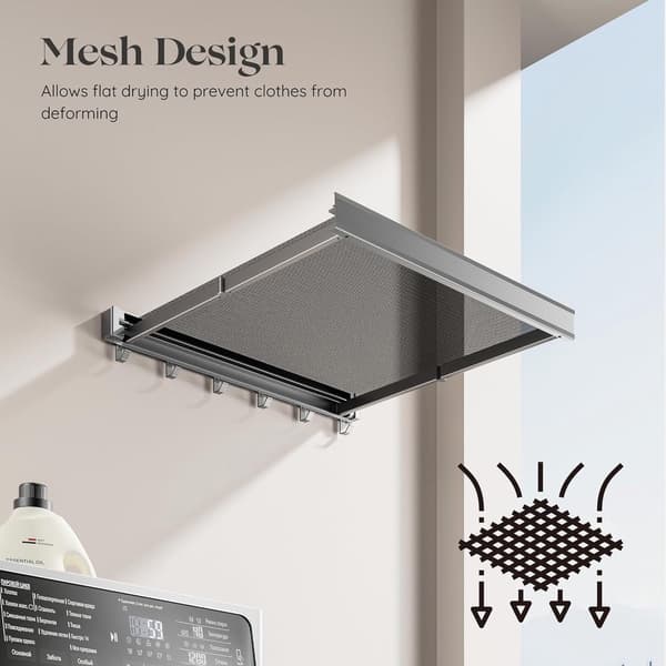 Wall Mounted Clothes Drying Rack, Foldable Laundry Drying Rack, 44cm Wide Foldable Aluminum Wardrobe with 6 Towel Hooks - Grey