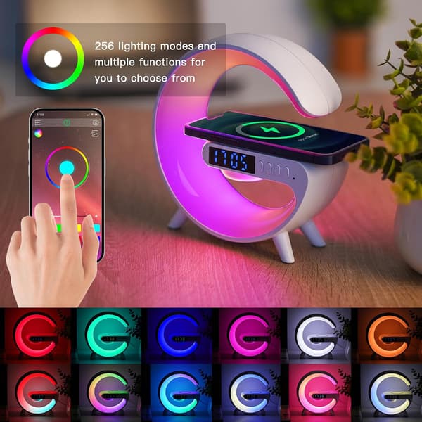 Mini Wireless Speaker with Atmosphere Lighting, Wireless Charging, Alarm Clock and Bedside Lamp - Black