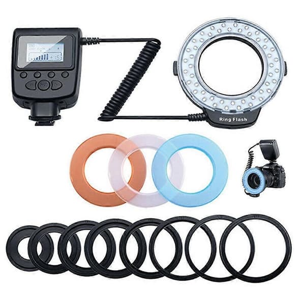 Macro LED Ring Flash Light Kit med 8 Adapterringar