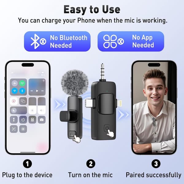 Wireless Microphone - 2 Pieces - Lavalier Microphone - Extra Long Battery Life - Suitable for USB-C & iOS Lightning / Aux - Plug & Play - Lapel Clip