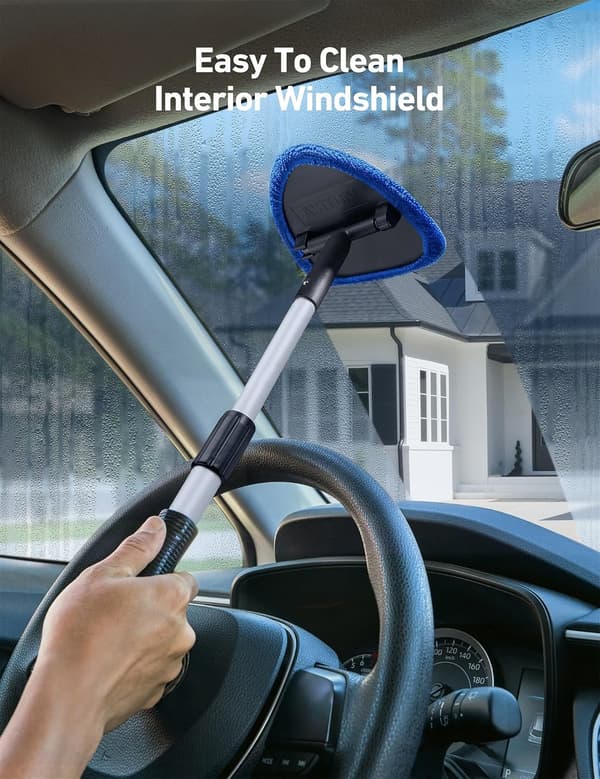 Car Interior Cleaning Kit with Extendable Handle and 4 Reusable Microfiber Pads, Car Window Wiper Brush Kit for Cars, Blue Blue Blue