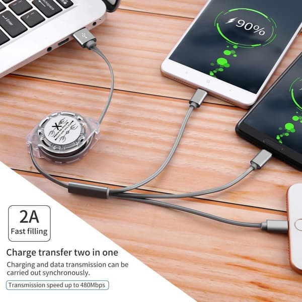 2-pakning multi USB-ladekabel, 3-i-1, sammenleggbar, multippel
