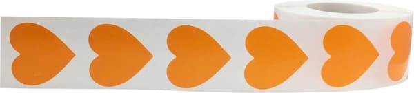 2,5 cm oransje hjerteklistremerker, 500 klistremerker/rull.