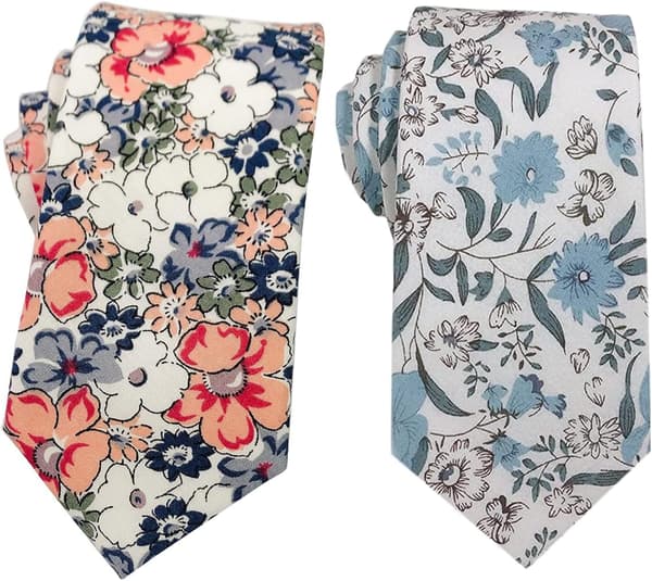 Mönstrad smal slips i bomull med blommönster för bröllop, marskalkar, make, far (blå + rosa) -