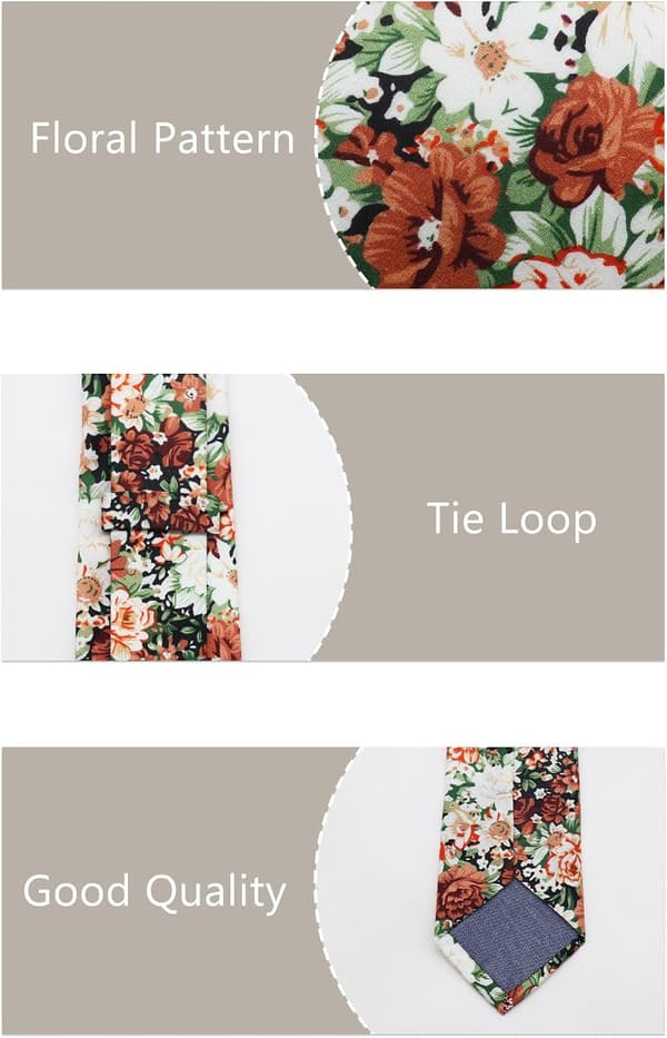 Blomstrete slips for menn, smale bomullsslips med blomstermønster og lommetørkle, herreslips til bryllup og konfirmasjon, hvit brun - White Brown Flower