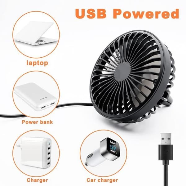 Sort bilventilator MINI USB 360° klemme køling drejelig 3 hastigheder luftcirkulation SUV lastbil