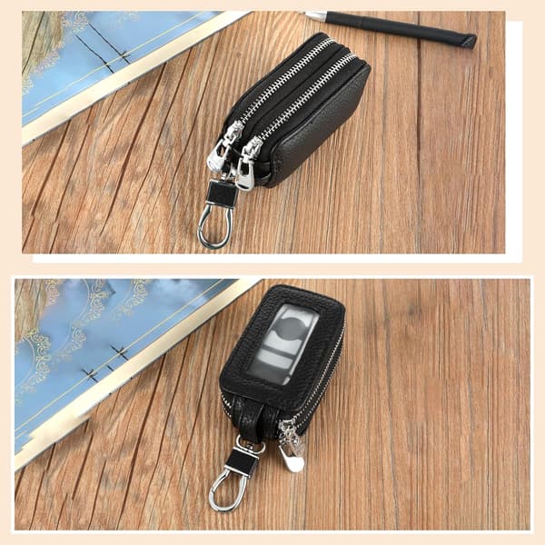 Universal Double-Layer Genuine Leather Car Key Case with Keychain and Carabiner, Car Accessories
