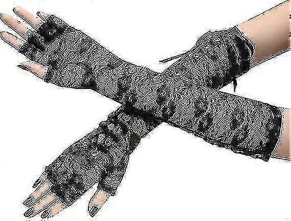 Steampunk Snøring Fingerløse Handsker Justerbare Lange Handsker Til Aftenfest (1 Par, Sort)