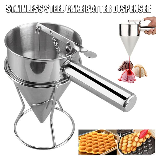 Donut Cupcake Batter Dispenser in Stainless Steel Funnel Pancake Maker Helper Stand Spring-Loaded Handle