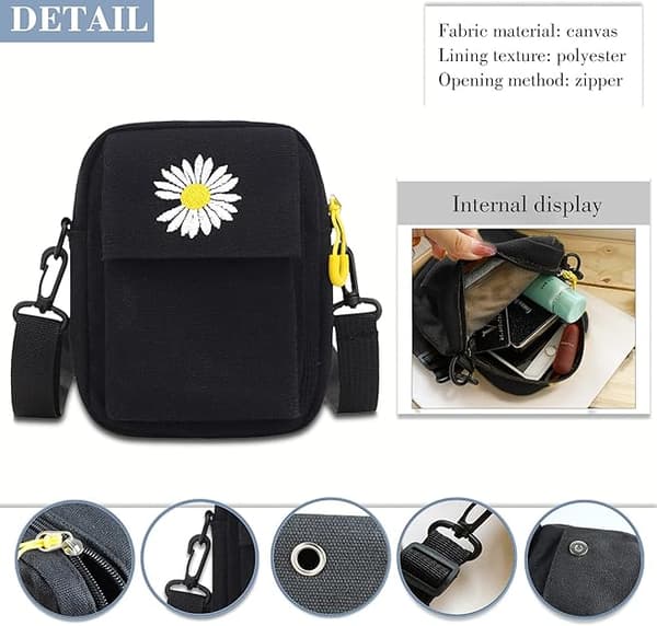 Crossbody Phone Bag, Cute Mini Canvas Shoulder Bag with Zipper, Double-Layer Cell Phone Wallets with Adjustable Strap