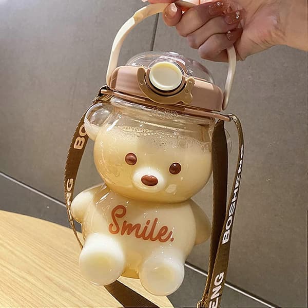 1000ml Large Kawaii Bear Shaped Water Bottle with Straw and Strap, Cute Water Bottles for Drinking Bottle (blue)