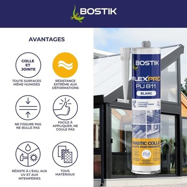 Tetningsmiddel/lim - BOSTIK - Flexpro PU811 - Alle materialer - Innvendig/utvendig - Hvit - 300 ml