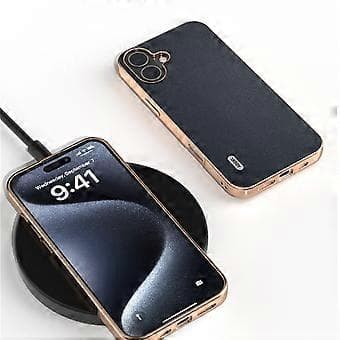 ABEEL Compatible Case for iPhone 16 Electroplating Genuine Leather PC Phone Case (Blue)