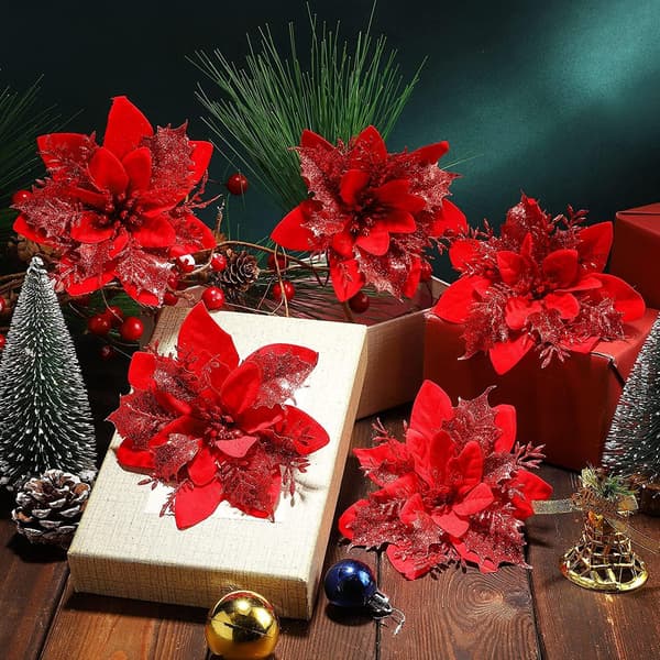 10 juledekorationer, kunstige juleblomster, glitter C