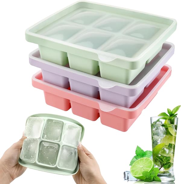 3-pack Ice Cube Trays, Silicone Ice Cube Molds with Lids, Large Square Ice Cubes 5 cm, Stackable and Dishwasher Safe, for Cocktails, Whiskey, Fruit, Ice