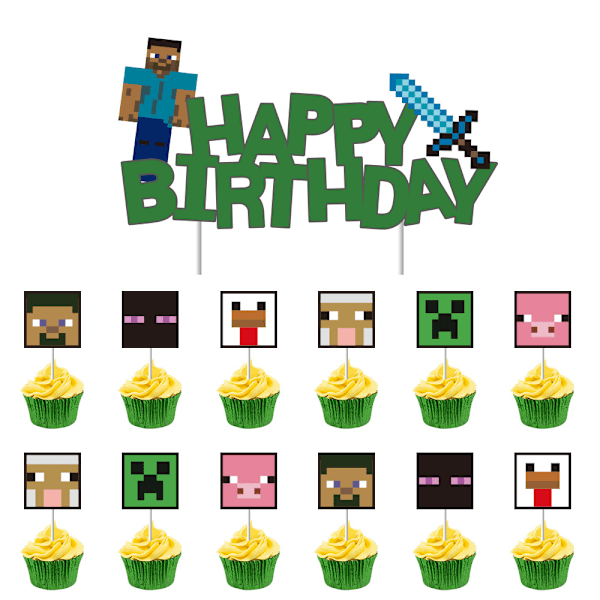 26-delars Minecraft-dekorationer, tårtdekorationer, muffinsdekorationer, bakade dessertflaggor för Minecraft-temafest H