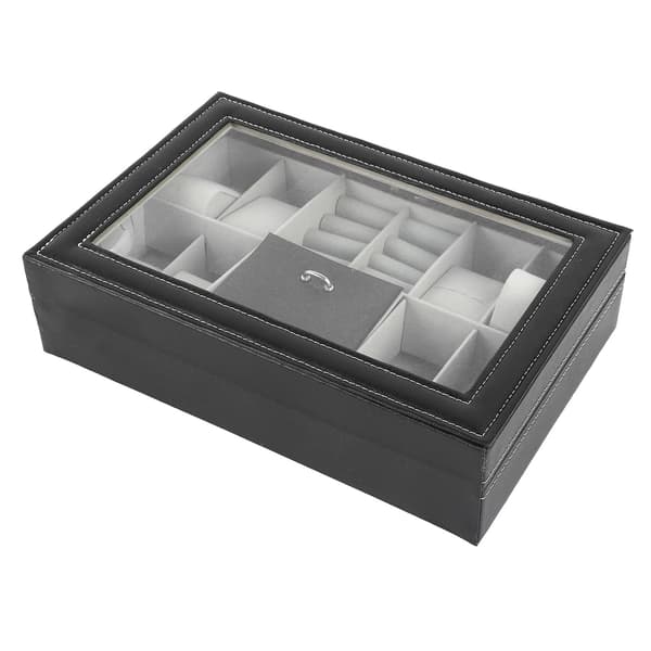 Watch Jewelry Box 8 Compartments Watch Box Case 2 Compartments Ring Lockable PU Leather Watch Storage Box with Glass Lid