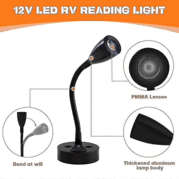 2 Pieces Reading Lamps LED Spotlight 12v Dimmable Switch Wall Bedside Lamp Interior Lamp Motorhome 6000k White For Motorhome