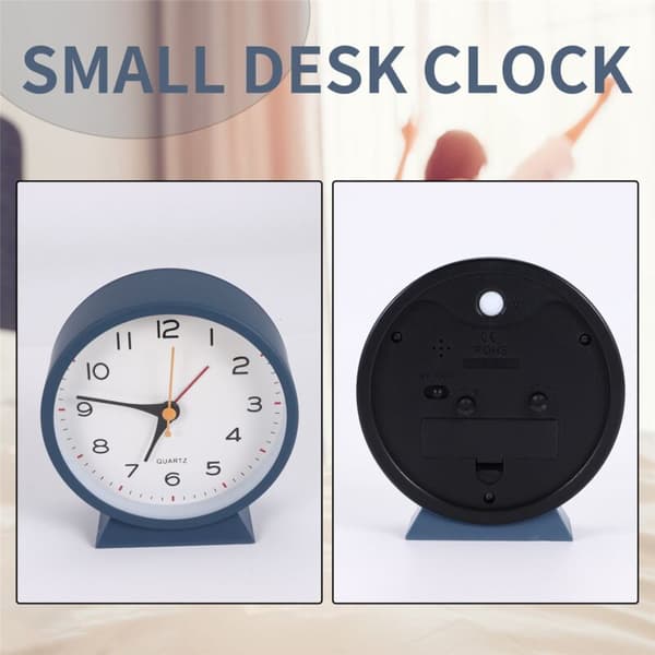 4.5 inch Antique Battery Operated Analog Alarm Clock, Small Silent Metal Bedside Desk Clock with Light (Blue)