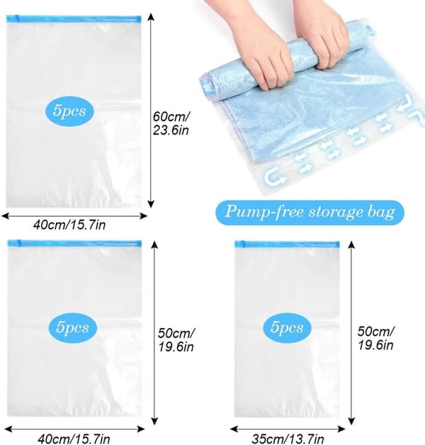 Vacuum Storage Bags for Clothes, 15-Pack, Compression Bags for Comforters and Travel, No Pump Needed