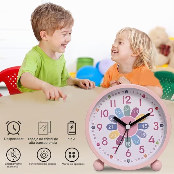 Cartoon Theme Children's Early Learning Alarm Clock, Silent Luminous Table Clock with Analog Hands, Quartz, Rose Pink