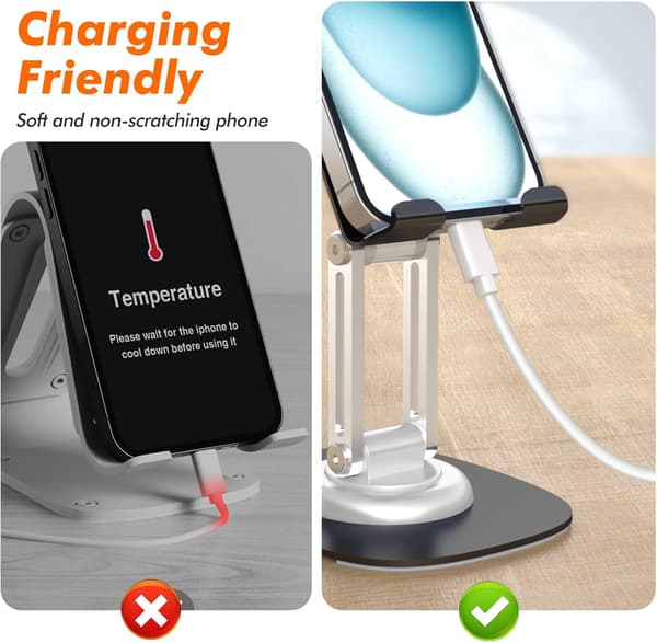 Phone Desk Stand with 360 Degree Rotating Metal Base, Foldable Portable Stand, Compatible with
