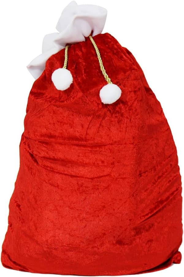 Stor fløjlspose til jul med guldsnor og hvide pomponer