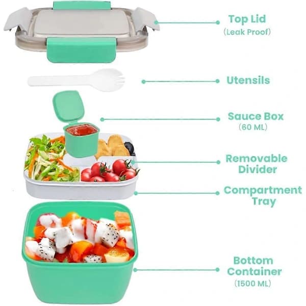 Lunch Box 1500ml, Bento Box Salad Container with 3 Compartments and Sauce Box, with Dressing Container, Lunch Box for Microwave and Dishwasher, Green