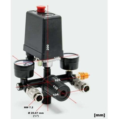 Kompressortryckregulator – Tryckvakt med 2 displayer – 20,67 mm snabbkopplingar – Tryck 0 till 12 bar – Spänning 240V/16A